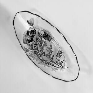 VTG Silver City Flanders Silver Overlay Oval Glass Bowl Floral Poppy 10 1/2 “